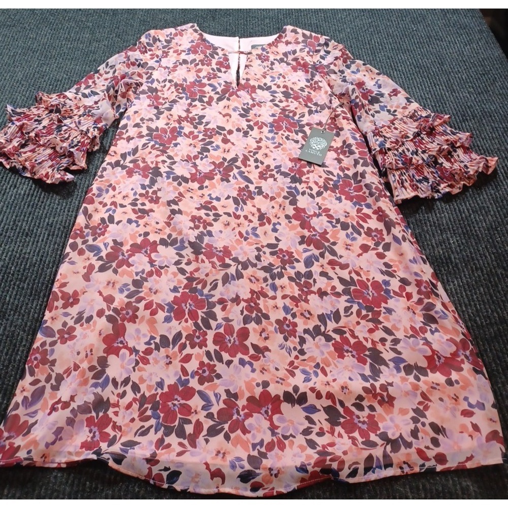 VINCE CAMUTO Lined Dress Size 8 PINK Tiered Sleeved Floral Dress Boho Sheath NWT